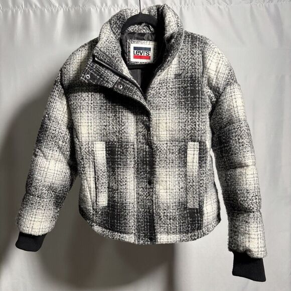 LEVIS Wool Blend Puffer Jacket Buffalo Plaid White Black NEW XS $148 Sold Out - Picture 3 of 10